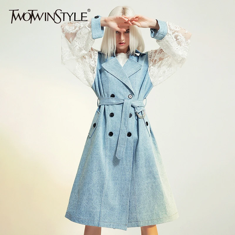 

TWOTWINSTYLE Patchwork Lace Women's Windbreaker Lapel Collar Long Sleeve High Waist With Sashes Female Coats 2019 Fashion New