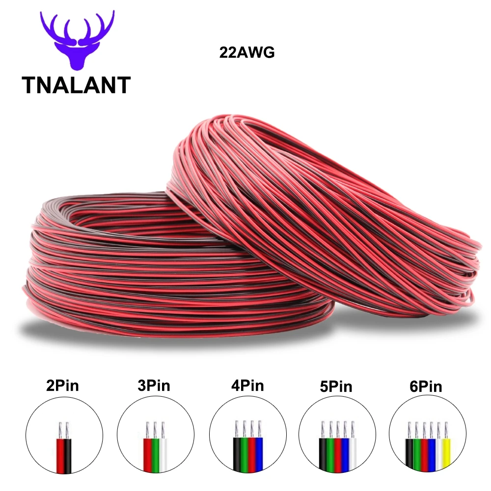2/3/4/5/6Pin Светодиодная лента провод 22AWG 10 м/20 м/50 м/100 м электрический красный черный