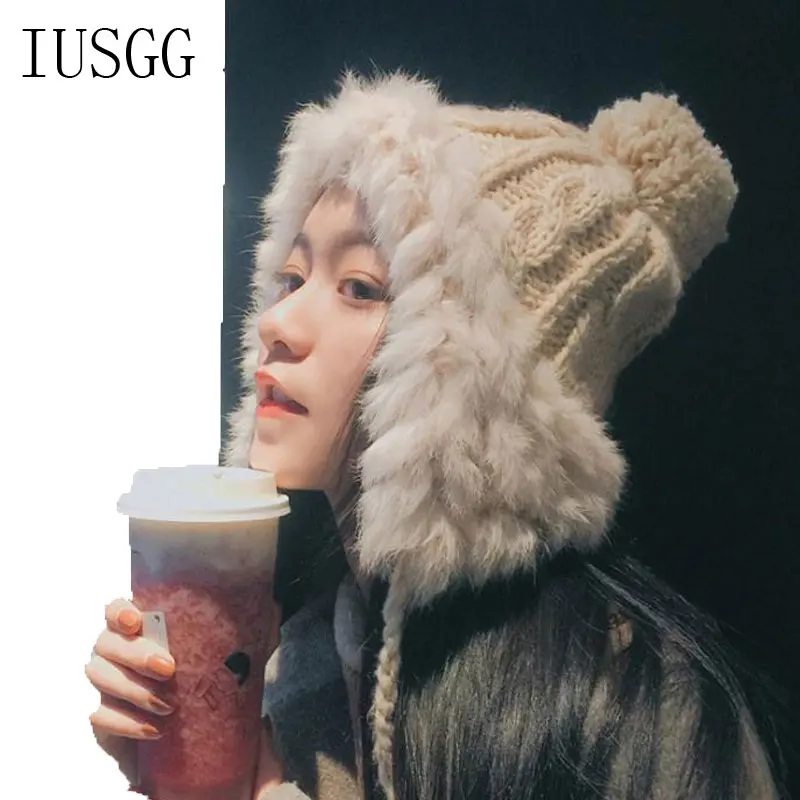 

Rabbit Fur Knitted Russian Hat Warm Ear Flaps Winter Bomber Hat Women Ushanka Aviator Trapper Snow Skiing Caps Winter POMPOM Fur