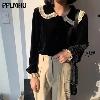 

Vintage Sweet Velvet Blouses Lace Splice Casual Loose Black Button Up Shirts Women Casual Wild Long Sleeve Tops New 2020 Spring