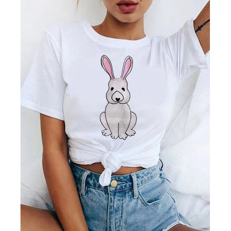 

Cartoon Rabbits Tshirt Short Sleeve Tops Tee Women Summer Casual O-neck Tee Shirts Female Graphic T-shirts White Tees Tops