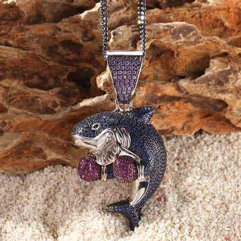 

Colored Boxing Shark Women Men Pendant Necklace Bling Iced Out Purple Blue Cubic AAA Zirconia Hip Hop Jewelry