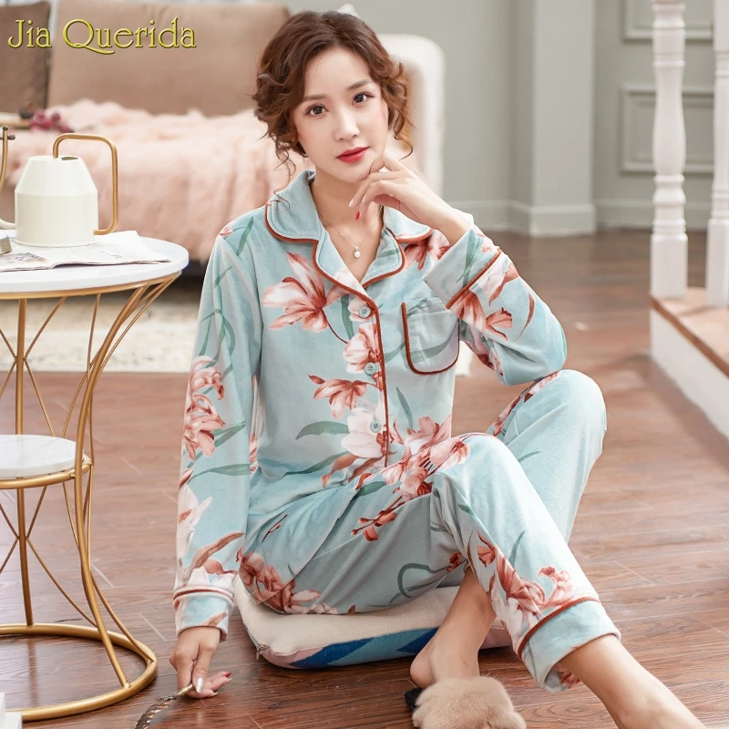 High Quality Womens Pajamas Sky Blue Floral Printing Flannel Pajama Ladies Winter Cozy Homewear Flannel Fleece Women's Two Piece
