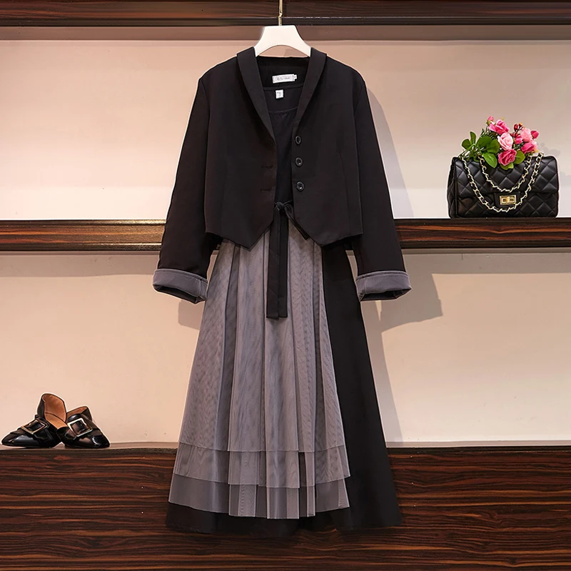 

plus size autumn two piece set spring korean dresses 2019 party office ladies short blazer and mesh dress set women clothes