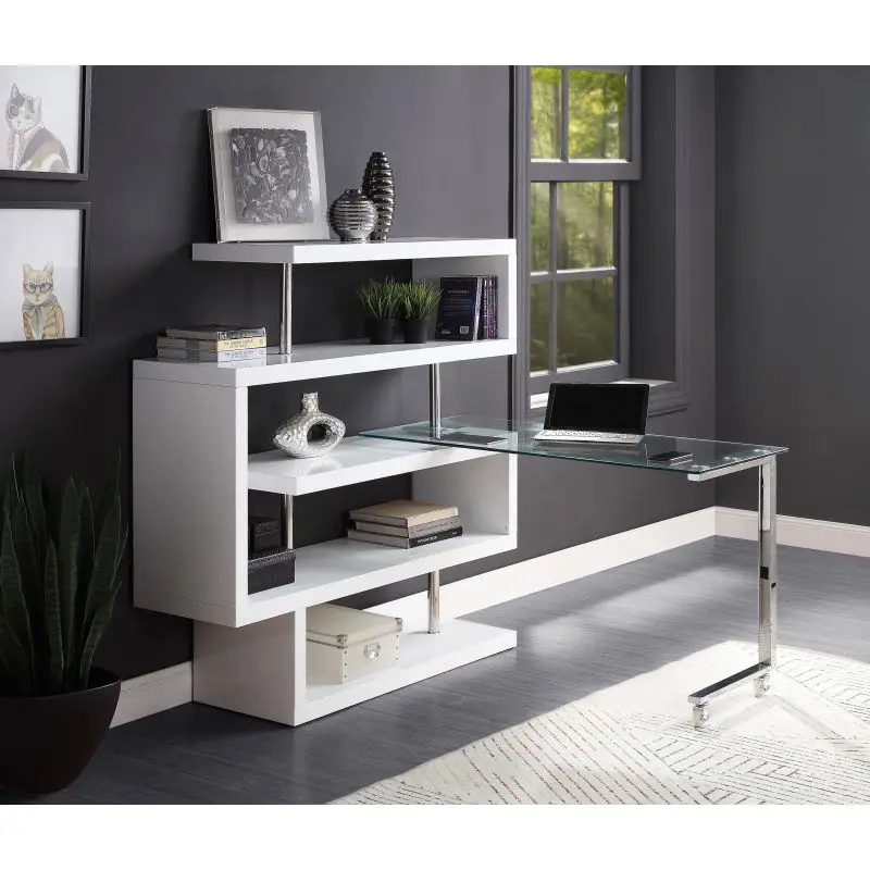 Description Picture 3 of itemRaceloma Writing Desk w/Shelf, Clear Glass, White & Chrome Finish
