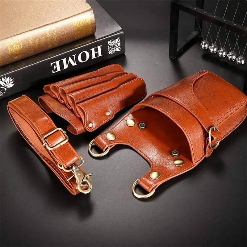 1PC Black Cowhide Hair Scissor Bag Clips Bag Hairdressing Barber Scissor Holster Pouch Holder Case With Belt Multifunction waist bag tool holder hairdressing tool belt