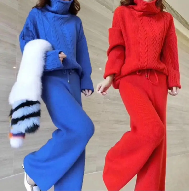 Russia Winter Fashion Women Wool Knitting Suit Casual Thickening turtleneck sweater and Wide Leg Pants 2 Piece Outfits for Women new the korean version fashion knitting wool scarf woman shag line warm winter scarves hand knitting customized 130 15 cm