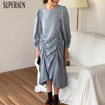 

SuperAen Korean Style Women Dress Solid Color Cotton Fashion Ladies Dress Irregular Spring New 2020 Long-sleeve Women Clothing
