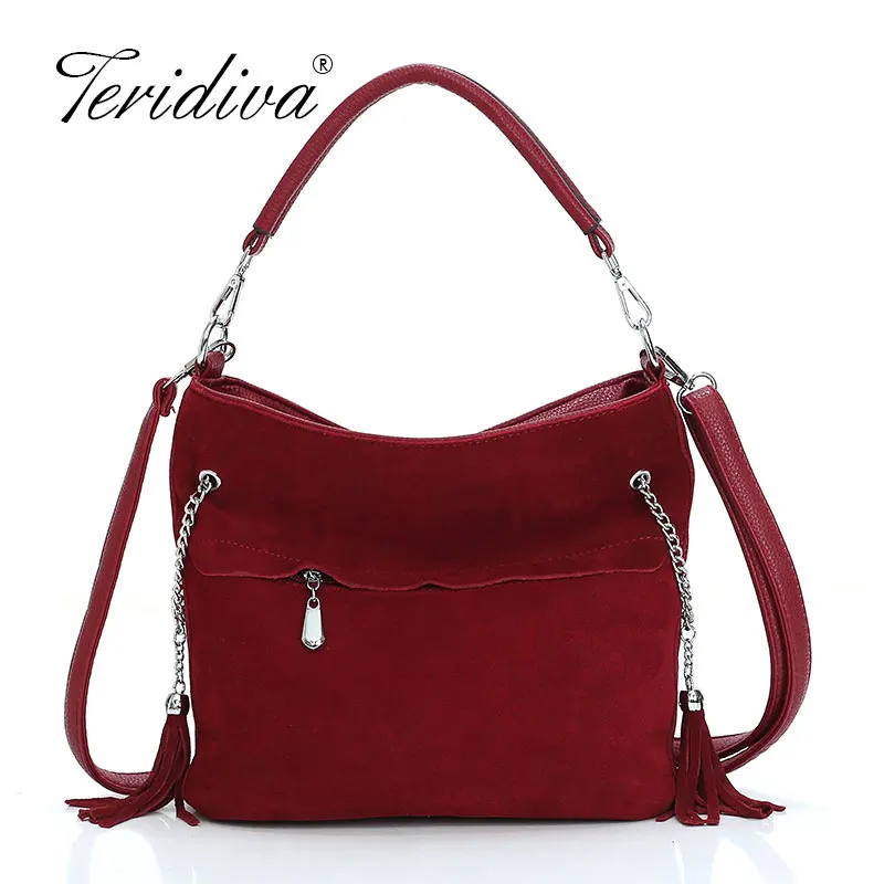 

Women Suede Leather Shoulder Bag Female Leisure Nubuck Convertible Handbag Hobo Messenger Top-handle bags Purse Chain Tassel Buc