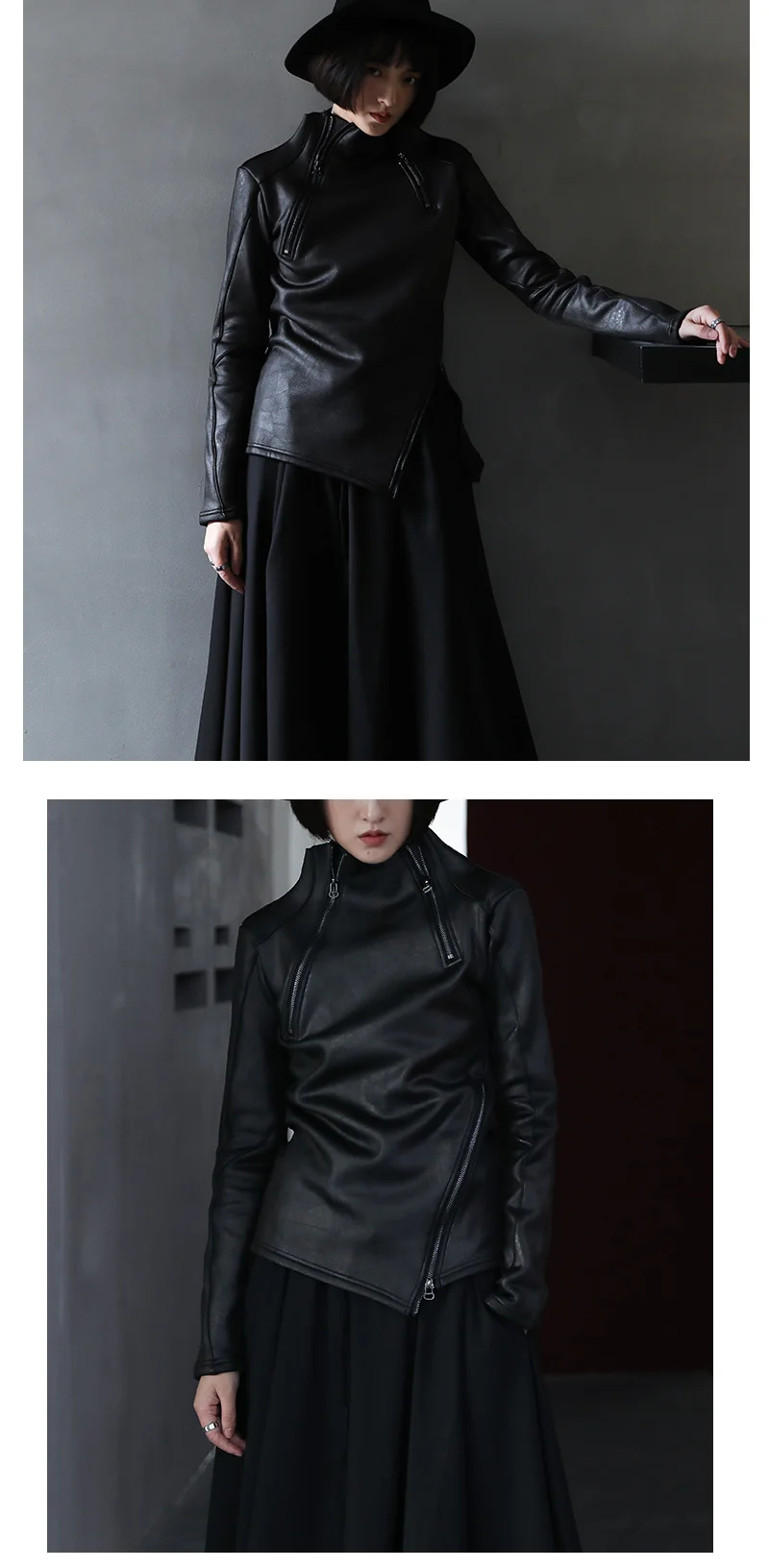 UMI MAO Dark Yamamoto Style Irregular Stand Collar Diagonal Zipper Faux Leather Sweatshirt Female Cool Black Gothic Jacket Y2K