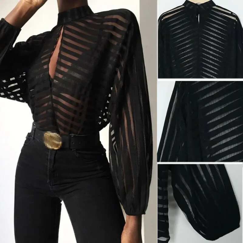 Модная женская сетчатая блузка в сетку, Прозрачная женская рубашка с длинным рукавом, черные открытые сексуальные топы, женские блузки