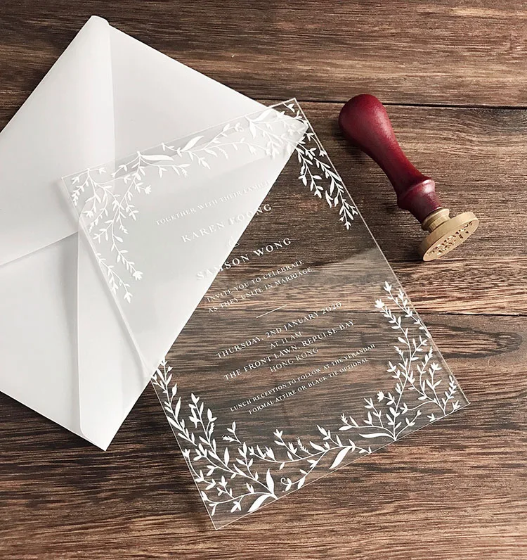  2020 white print clear acrylic wedding invitation with leaves design - 33008334706