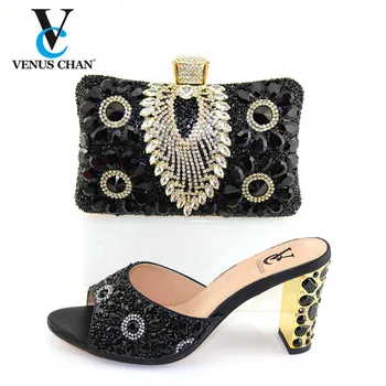 

Fashion Rhinestone Woman Shoes And Matching Bag Set Novelty Style Black Color Pumps Shoes And Bag Set For Party Wedding