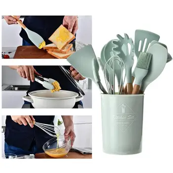 

12pc/set Silicone Cooking Tools Set Kitchen Cooking Utensils Spatula Shovel Spoon with Wooden Handle Kitchen Ware Practical
