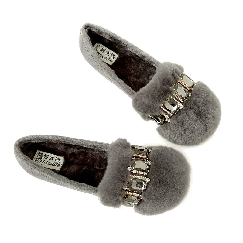 

Autumn And Winter New Hot Sale Plus Velvet Korean Fashion Rhinestones Sweet Rabbit Hair Warm Large Size Women's Bean Beans Shoes