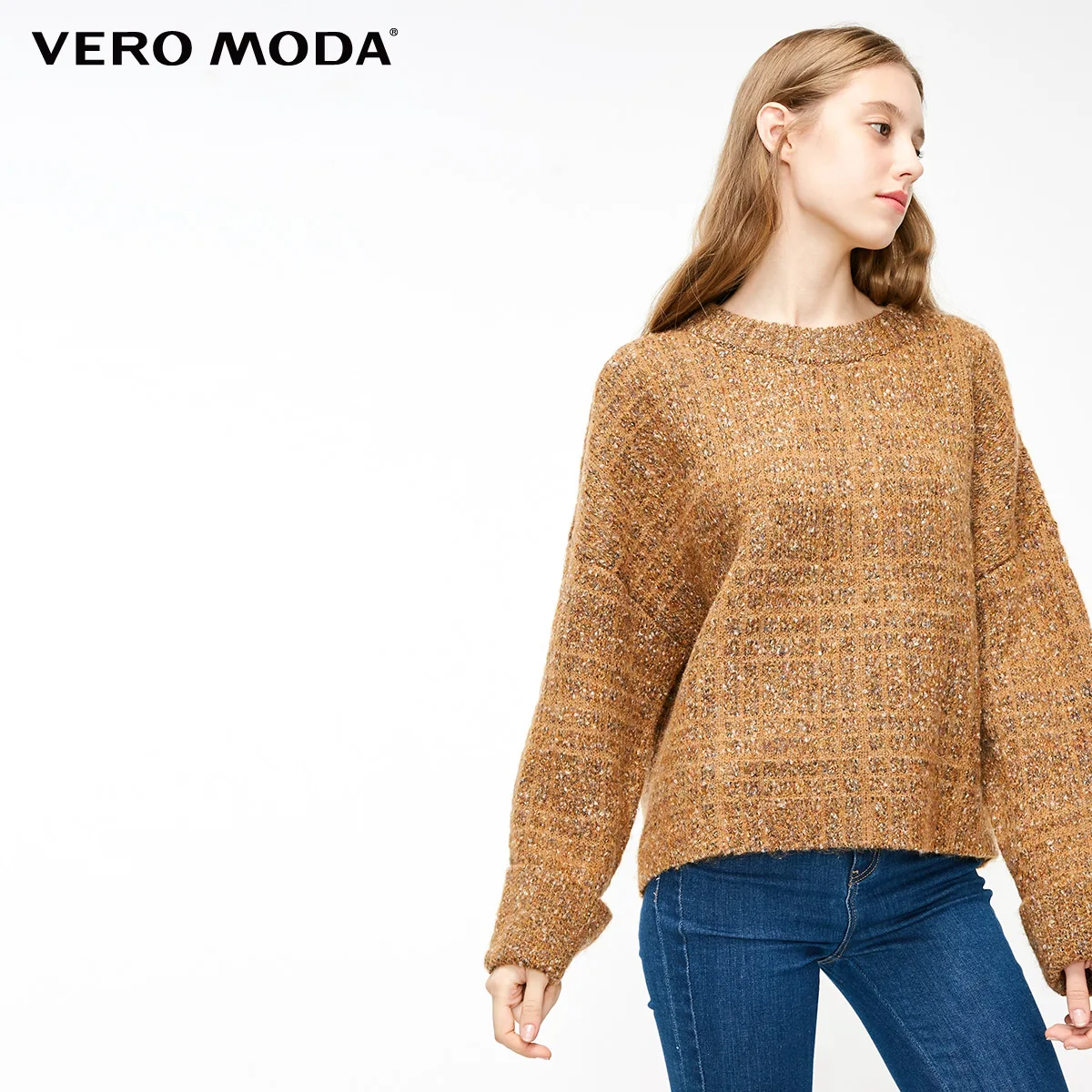 Vero Moda Женский Осенний твидовый вязаный свитер с открытыми плечами | 318325501 - Цвет: Burnt caramel mel.