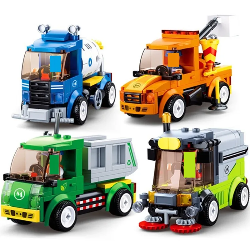 

4Pcs/lot Simcity Municipal Vehicles Car Model Building Blocks Sets Playmobil DIY Creator Bricks Brinquedos Educational Kids Toys