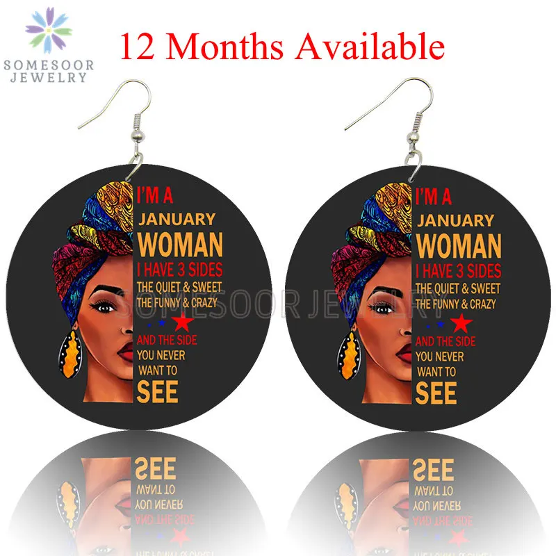 

SOMESOOR Both Sides Print 12 Months Afro Headwrap Woman Hoops Black Artistic Wooden Drop Earrings Pendant Dangle For Women Gifts