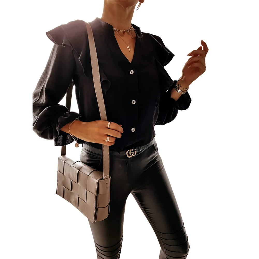 

2020 New Women Ruffles V-Neck Button Shirt Elegant Solid Pleated Long Sleeve Blouse Office Lady OL Clothing Spring Autumn Top