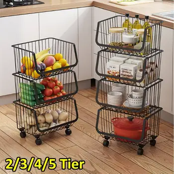 

Kitchen Metal Dish Racks Holders Vegetable Fruit Storage Basket With Wheels Home Floor Multi-layer Kitchen Storage Organization