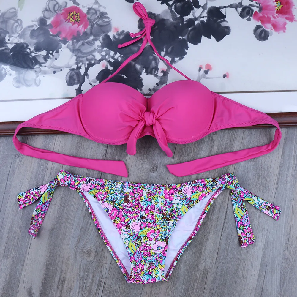 19M52 fuchsia pink Melphieer Двухсекционный женский розовый комплект бикини, элегантный летний купальник на косточках, пуш-ап, купальный костюм, купальный костюм с галстуком-бабочкой, купальник, XL, XXL - Цвет: 19M52 fuchsia pink