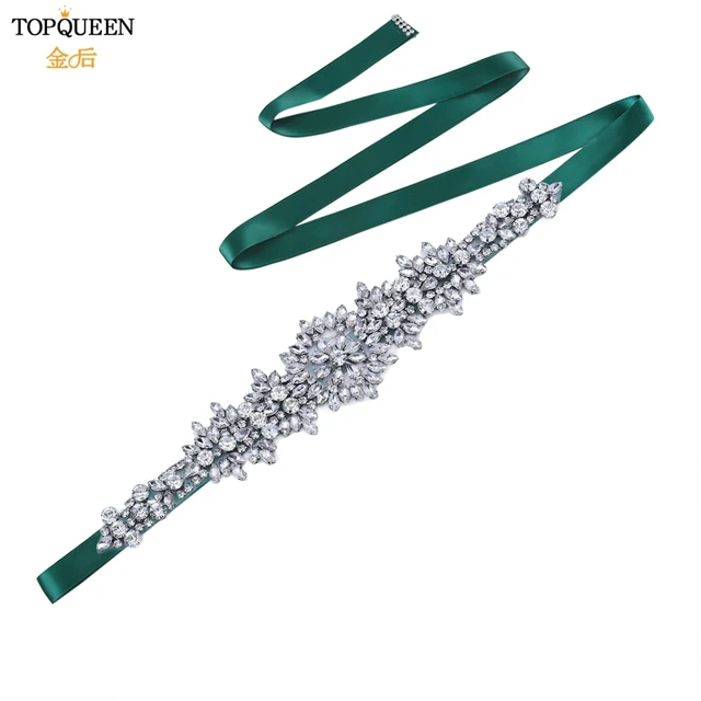 TOPQUEEN S319 Rhinestones Wedding Belts Wedding Sashes Crystal Bridal Belts Decorative Belt with Stones Jeweled Satin Ribbons Green ribbon