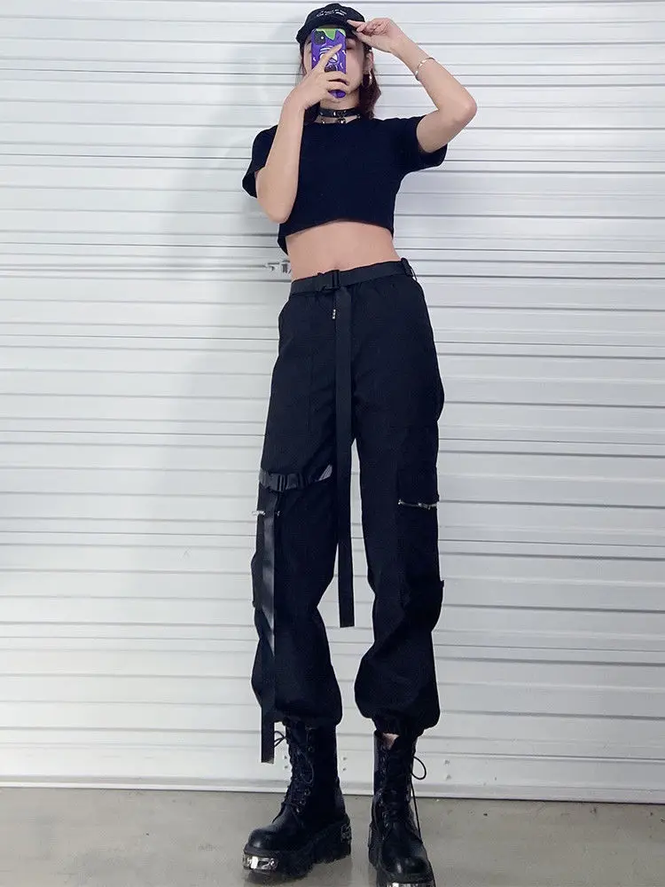 Description Picture 5 of itemQWEEK Techwear Gothic Black Cargo Pants Women Mall Goth Streetwear Joggers Oversized Pockets Loose Trousers For Female Punk Kpop
