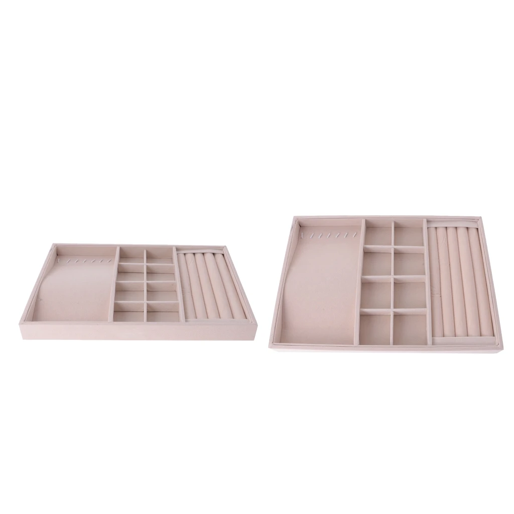 

2x Beige Velvet Ring Earring Necklace Case Multi-purpose Jewelry Display Box Tray Showcase Holder Organizer