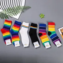 Носки в радужную полоску; сезон осень-зима; Модные женские хлопковые носки в духе колледжа; повседневные спортивные дышащие удобные носки в Корейском стиле
