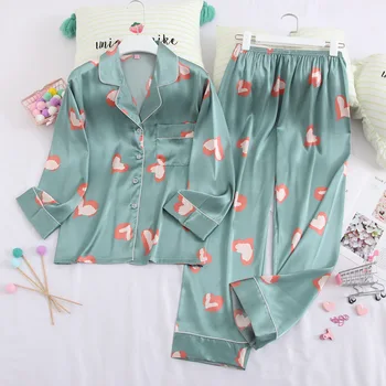 

Green Print Heart 2 PCS Shirt&Pant Women Long Sleeve Pajamas Set Stain 2PCS Sleepwear Nightwear Female Pajamas Suit Home Wear