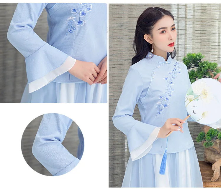 Sheng Coco блузки Hanfu Китайский стиль Cheongsam топы с длинными рукавами в виде листьев лотоса костюм Тан женский хлопок вышивка Qipao рубашка
