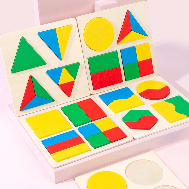 Kids Traction Toy Montessori Wood Geometric Shape Dividing Board Triangle Circle Square Math Toys 5 in 1 Unisex Boys Girls Gift
