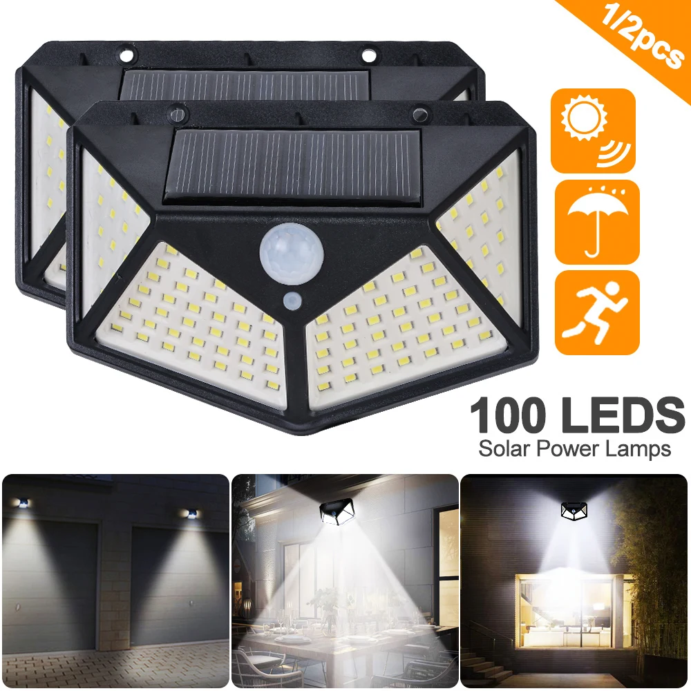 

100 LED Yard Garden Lamps Four-Sided Solar Power Light 3 Modes 270 Degree Angle Motion Sensor Waterproof Wall Lamp