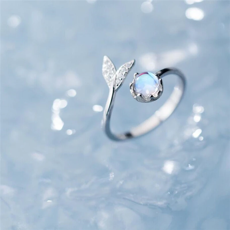 Sole Memory Blue Crystal Zircon Mermaid Fishtail Silver Color Female Resizable Opening Rings SRI991 silver ring silver rings