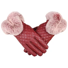 TOP!-Women'S Winter Genuine Sheepskin Leather Gloves Real Rex Rabbit Fur Thick Warm Autumn Leather Fur Female Jujube Red