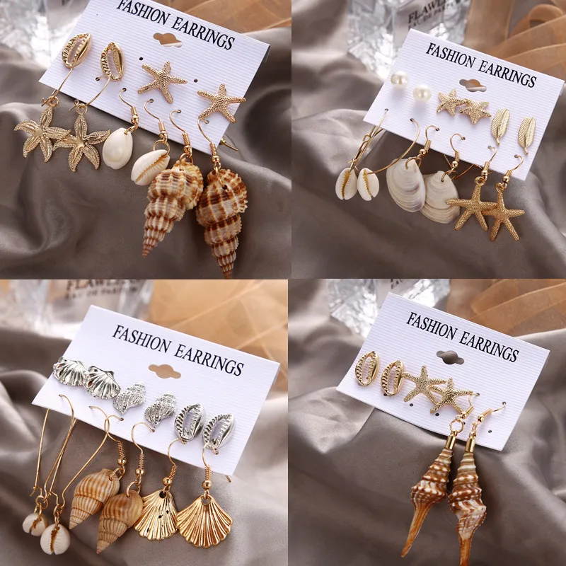 

DIEZI Vintage Gold Color Drop Dangle Earring Sets for Women Gift Natural Shell Starfish Tassel Earrings Jewelry Wholesale