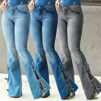 

Casual Solid Side Split Denim Pants Fashion Design High Waist Flared Pants Long Pockets Side Knotted Wide Leg Jens