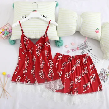 

Fiklyc New Simulation Silk Female Summer Sexy Lace Silk Suspenders Shorts Two-Piece Suit Home Service