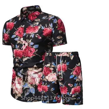 

2020 Summer Fashion Floral Print Shirts Men+Shorts Set Men Short Sleeve Shirts Casual Men Clothing Sets Tracksuit Plus Size 3XL