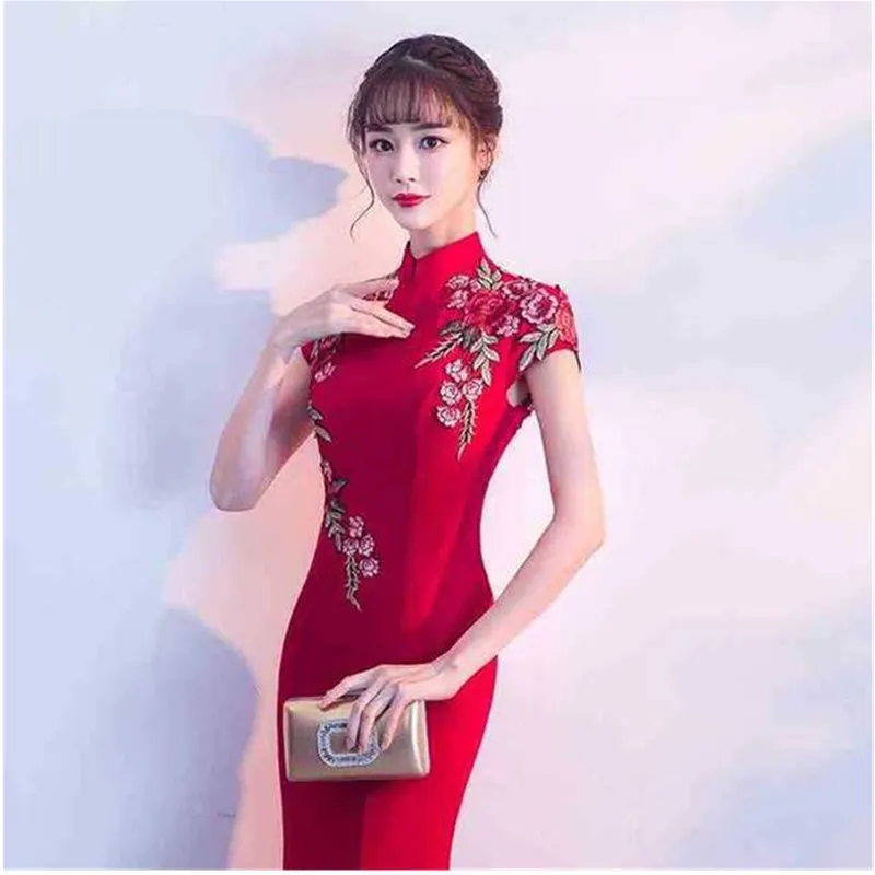 Красный Для женщин Русалка Cheongsam Длинные вечерние платья с воротником «Мандарин», китайский Стиль вышивка для свадьбы или торжественного случая, Украшенные невесты Vestido XS-3XL