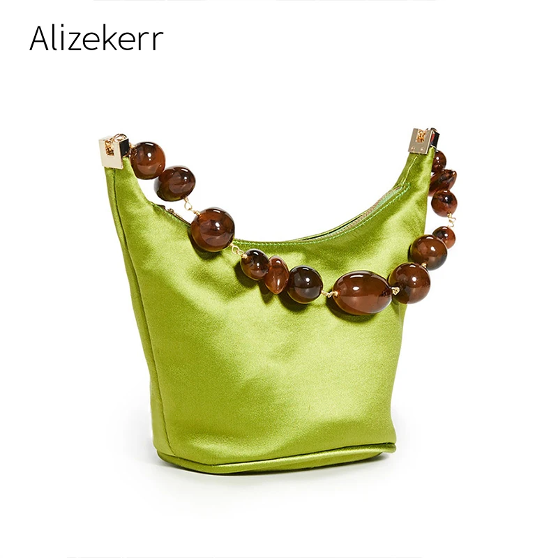 

Acrylic Beaded Chain Hobos Handbag Female Designer High Quality Retro Synthetic Filament Silk Pink Small Tote Bags Women Chic