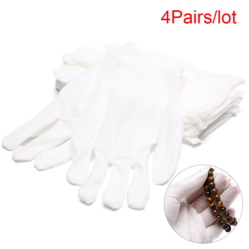 4Pairs White Cotton Gloves Soft Thin Coin Jewelry Inspection Work Gloves
