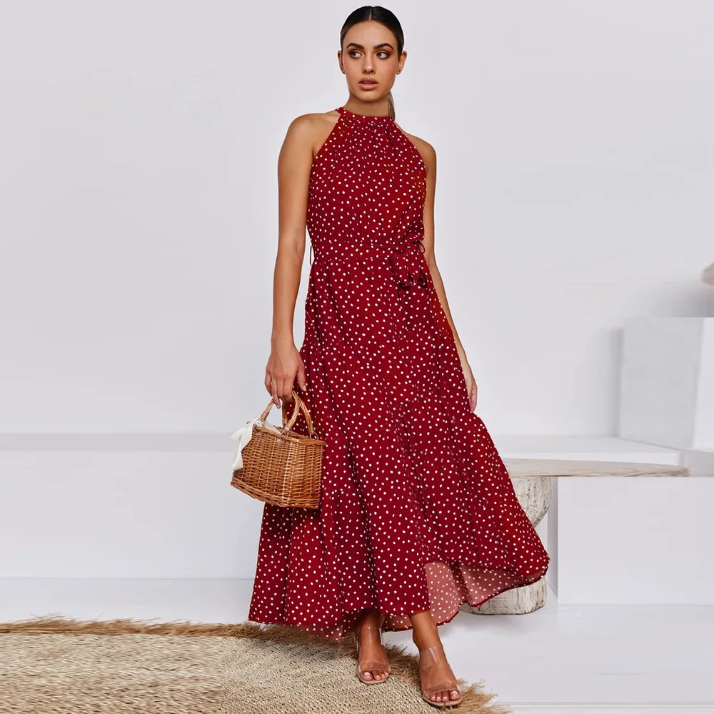 

Bohemian Beach Summer Dress Polka Dot Sleeveless Dresses for Women Sexy Halter Maxi Dress with Bow Female Robes Black/White/Red