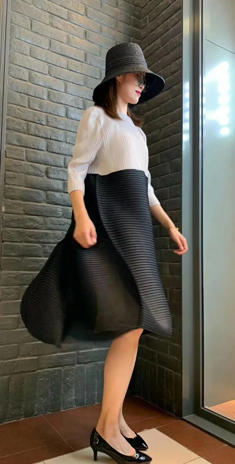 Горячая Miyake fold в женское леопардовое платье с круглым вырезом три четверти рукав бутон платье