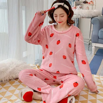 

Female Nightwear Autumn Winter Kawaii Cartoon Printed Nightgown Cute Sleepwear Casual Homewear Women Pajamas Set