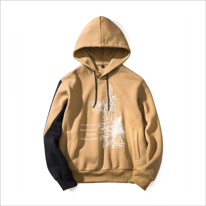 

Autumn and winter man new style stitched sleeve hoodies male casual sketches printed hooded sweatshirt man loose pullover