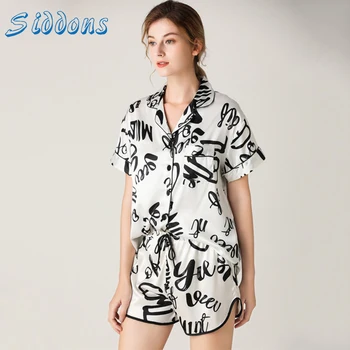 

SIDDONS Summer Short Sleeve Silk Satin Pajamas Women 2 Piece Set Letter Prined Pajamas Sets Pijamas Women Home Nightwear Female