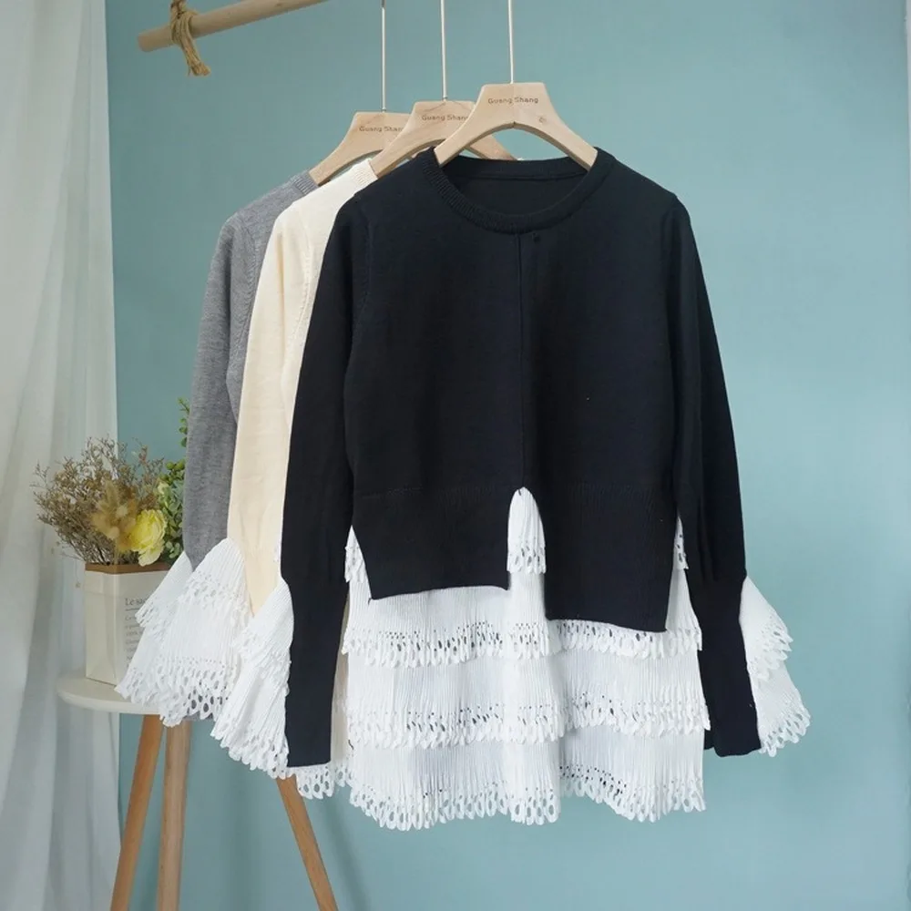 Women's Autumn New Lace Stitching Slit Hem Sweater Sweaters Fashion 2019 Women O-Neck Patchwork Korean Pullover | Женская одежда