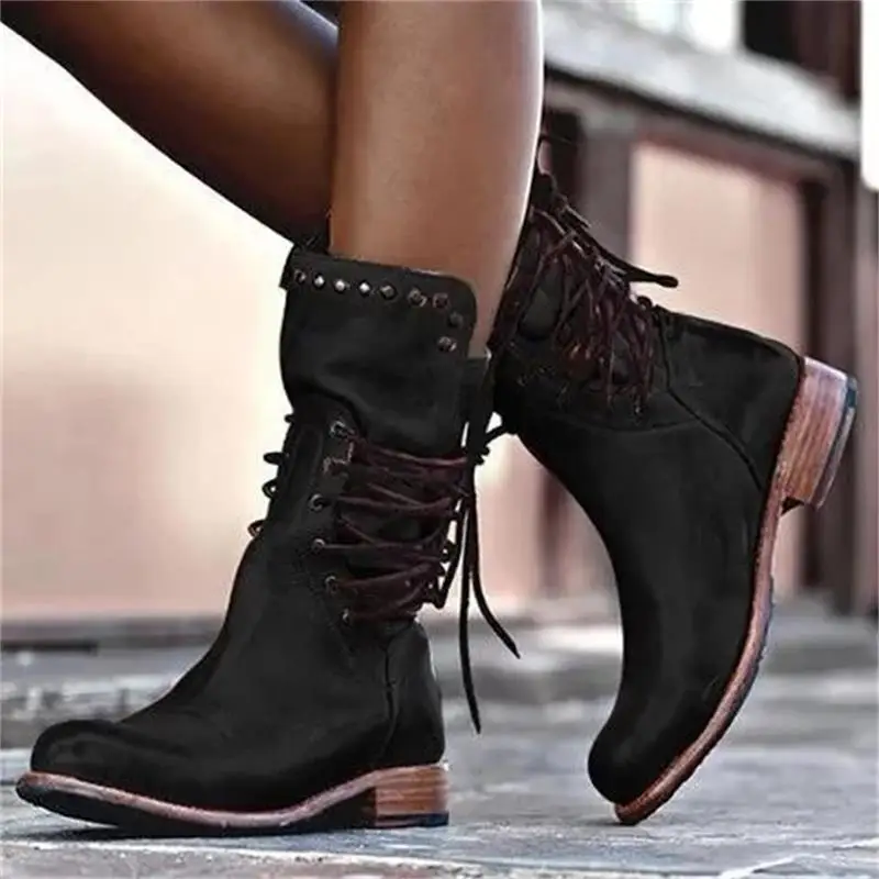 

Winter Women Ankle Ethnic Boots Point Toe Leather Flower High Heel Rubber Platform Lace up Punk Black Ladies Shoes Botas Mujer