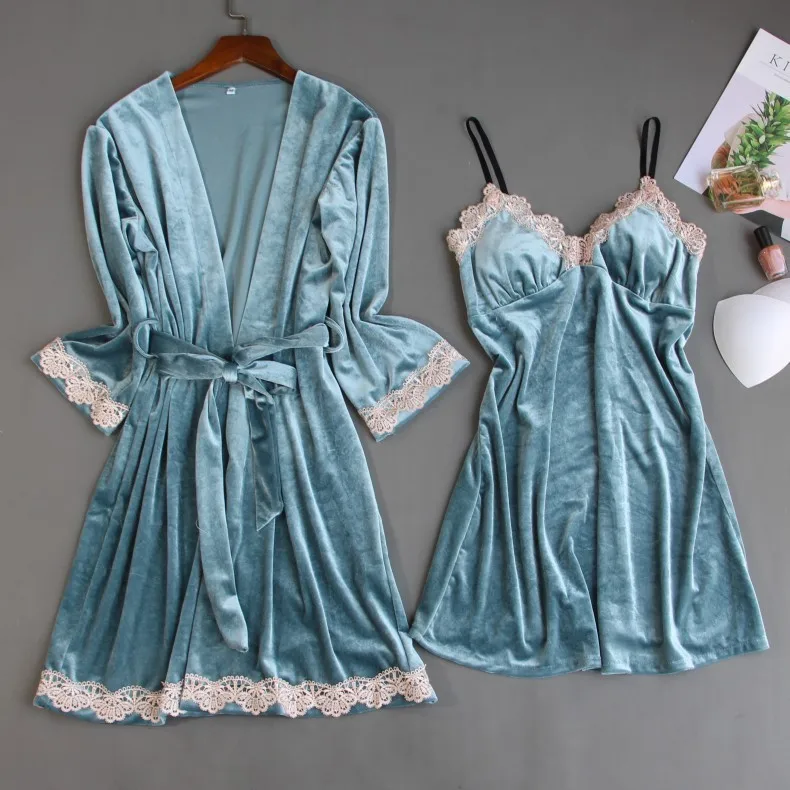 

Velvet 2PCS Nighty&Robe Suit Autumn Winter New Velour Female Kimono Robe Gown Intimate Lingerie Sexy Nightwear Sleepwear